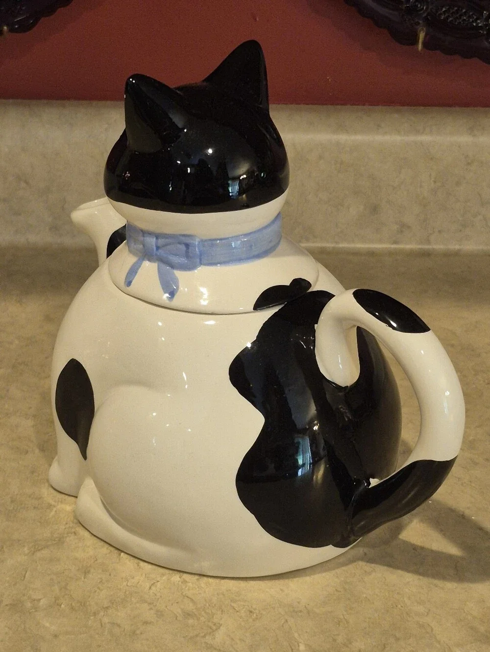 Black and White Cat Teapot with Blue Collar - Ceramic Pet Décor Unbranded